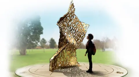 Abraxas Academy Artists' impression of a sculpture, showing a golden artwork resembling a crumpled letter with wording embossed 