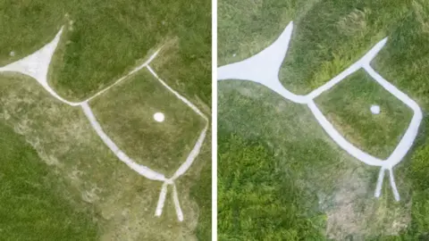 PA Media Undated National Trust handout photo of the head and neck of the White Horse at Uffington, Oxfordshire, showing a before (left) and after restoration view