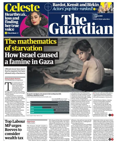 The headline on the front page of the Guardian reads: "The mathematics of starvation: How Israel caused a famine in Gaza".