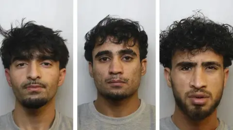 Mugshots of Awal Ahmadzai, Salman Habibkheil and Mehrab Safi. All the men are of Afghan nationality, with short, dark hair, dark eyes and facial hair.