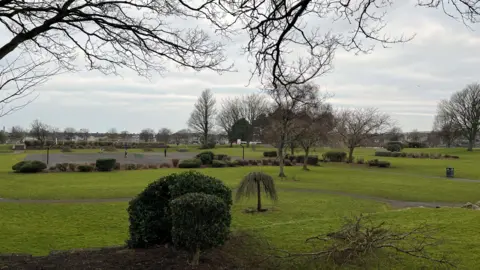 A general view of Vulcan Park, with the old tennis courts that were turned into a basketball pitch with mini tennis nets.