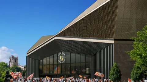 Luton Town FC CGI image of fans outside the proposed stadium, which is bronze and has a large glass facade.