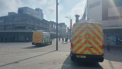 Two police vans parked in Southend city centre. Shoppers can be seen walking along the street.