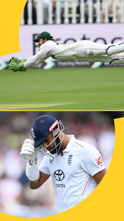 Muhammad Rizwan diving to catch the ball while Emilio Gay looks at the floor and walks from the crease