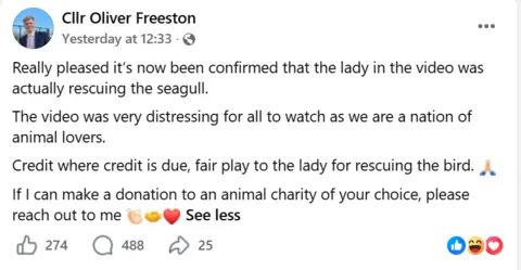 Facebook Screen grab of a social media post from the council leader on Thursday. It reads: "Credit where credit is due, fair play to the lady for rescuing the bird.
"If I can make a donation to an animal charity of your choice, please reach out to me."
