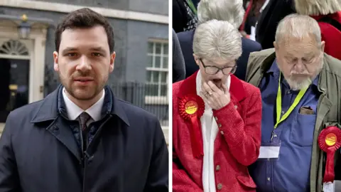 Henry Zeffman stands on one side of the image outside 10 Downing Street. On the other side Labour party supporters look-on as counting gets underway at Barnsley Metrodome on May 08, 2026 in Barnsley, England. 
