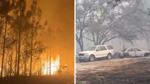 Split screen. Georgia wildfire is on the left and charred vehicles are on the right.