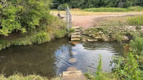 The stepping stones on the Hogsmill River at Ewell. Stone steps lead to stepping stones which are under the water.
