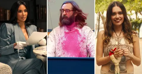 Disney/Amazon/HBO Kim Kardashian in All's Fair, Joe Wilkinson covered in pink paint on Last One Laughing, and Amie Lou Wood on The White Lotus