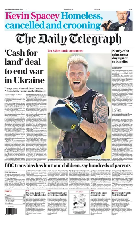 The headline on the front page of the Telegraph reads: “'Cash for land' deal to end war in Ukraine”.