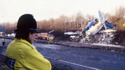 A police officer with his back to camera and a large white and blue plane crashed into a grassy bank