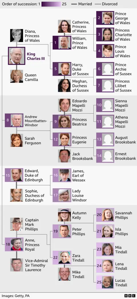 Infographic showing the British royal family order of succession from 1 to 25, arranged as a family tree. King Charles III is at the top. Prince William is first in line, followed by his children Prince George, Princess Charlotte and Prince Louis. Prince Harry is fifth, followed by his children Archie and Lilibet. Other branches show the lines of Andrew, Edward and Anne, with their children and grandchildren. Purple numbered boxes indicate succession rank, and lines show marriages and divorces