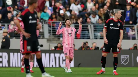 Lionel Messi celebrates scoring for Inter Miami
