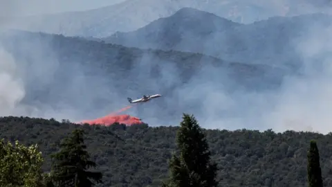 A firefighting plane drops fire retardant as it flies over a wildfire in Ille-sur-Tet near Perpignan in southern France.