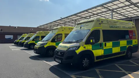 A photo of 5 ambulances lined up outside Walsall Manor hospital