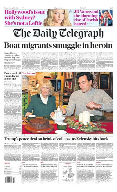 "Boat migrants smuggle in heroin," reads the headline on the front page of the Daily Telegraph.