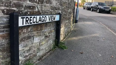 Cameron Weldon/BBC A road sign reads Treclago View and pavement and a car are visible in the shot.