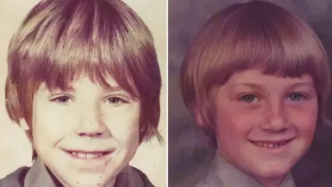 A composite of two photos of 11-year-old boys. Both are smiling, have thick, dark blonde hair and are wearing their school uniforms