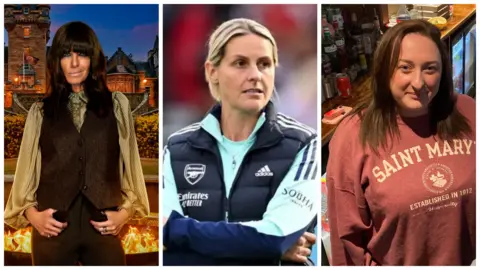 A montage showing Claudia Winkelman outside the Traitors castle at night, Kelly Smith in her Emirates Arsenal kit, and Megan Sim behind the bar at her pub