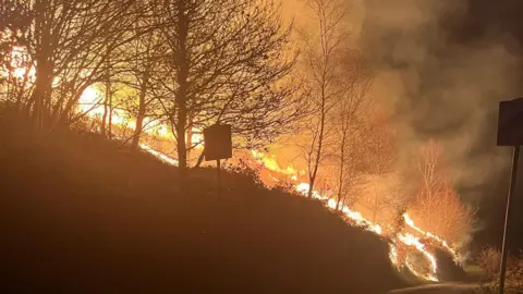 A fire can be seen blazing across a grassy area with the outline of trees seen in the night. A line of flames on the left hand side can be seen leading down a hill. The outlines of a sign can be seen just in front of the burning fields.