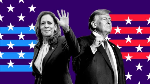 BBC A digitally created collage featuring Kamala Harris and Donald Trump. Kamala Harris is on the left, wearing a suit with a white blouse and waving her hand. Donald Trump is on the right, wearing a suit with a white shirt and a tie, and he is making a fist gesture. 