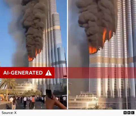 Two screenshots from the AI-generated video with a red "AI-generated" label