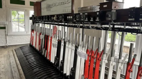 Network Rail Red, white and black levers in a signal box.