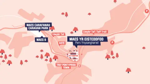 The National Eisteddfod Map showing Ynysangharad Park, where the eisteddfod will be held, in relation to Pontypridd town centre