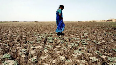 A farmer wearing an orange turban and white kurta on his parched farm in Punjab's Patiala in 2020.