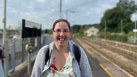 BBC News Picture of Sarah Cogbill at Pengam train station