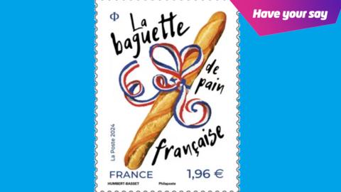 Stamp with a baguette on the front and 'Have your Say' tab inviting comments
