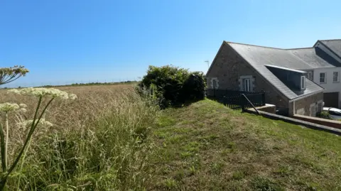 BBC Stone house with multiple windows on the right, surrounded by a grassy lawn and an open field with tall grass and wildflowers under a clear blue sky.