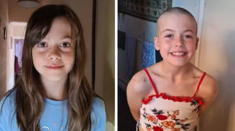 Before and after images of the same girl, on the left she has long brown hair and a blue tshirt and on the right she has a shaved head and a white top with a red floral pattern