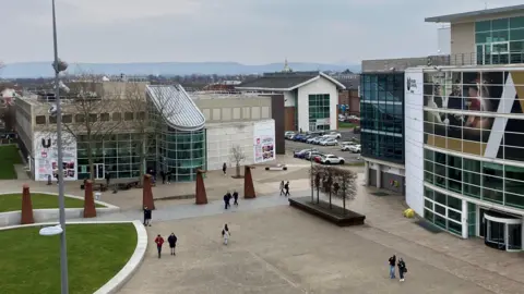 Teesside University, viewed from a height, with glass fronted buildings surrounded by concrete pathways interspersed with curved lawns. Students - looking small because they're down below - are walking about.