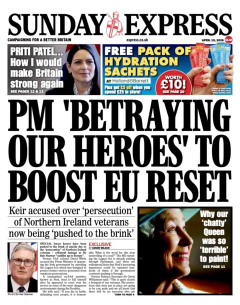 The headline on the front page of the Sunday Express reads: "PM 'betraying our heroes' to boost EU reset."