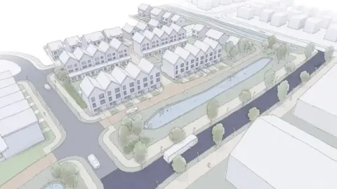 A detailed illustration of a modern housing development shows rows of uniform townhouses arranged around landscaped green spaces, tree‑lined paths, and a central water feature, with surrounding roads and parked vehicles.