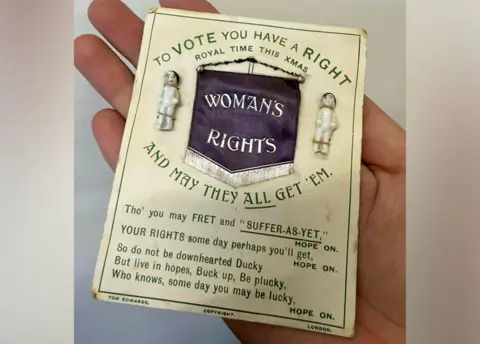 WeBuyVintage A Suffragette Christmas card dating from approximately 1910. It reads 'to vote you have a right and may they all get them'. The centre of the card reads 'woman's rights', with 'royal time this xmas' above it.