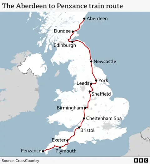 Map of train route from Aberdeen to Penzance.