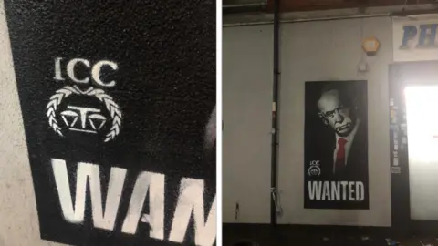 Elliot Ludvig A 'wanted' poster showing prime minister of Israel Benjamin Netanyahu. A close-up view shows what seems to be the Scales of Justice underneath ICC (signifying the International Criminal Court), but they are images of parachutes 