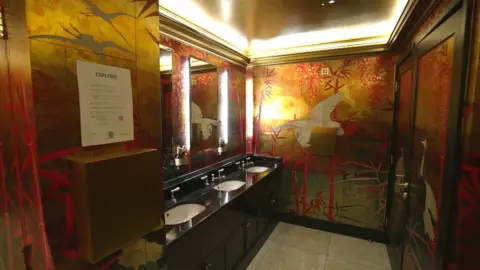 A view of one of the sink areas in the toilet area. The walls are covered in an ornately illustrated wallpaper which is gold, with red palm trees and large white birds flying across it.