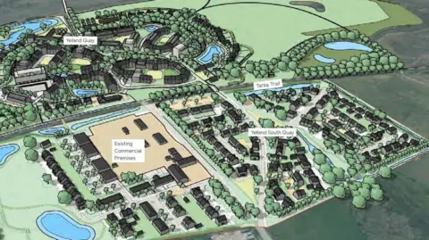 North Devon Council The architect's drawing of the masterplan for the development. There are labels reading Yelland Quay, Tarka Trail, Yelland South Quay and Existing Commercial Premises. The drawing shows proposed housing and commercial buildings set around the site as well as grass, trees, bushes and ponds.