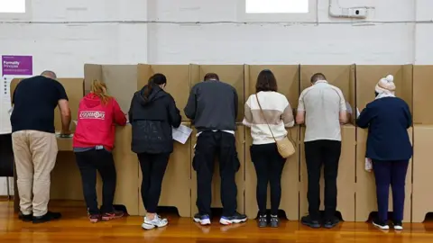 Shown from behind, a line of people face cardboard voting booths