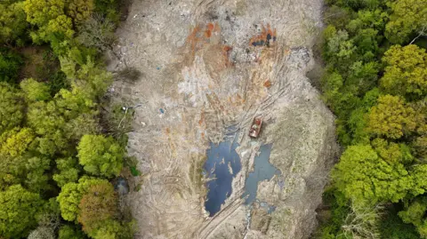 A drone shot showing waste flanked by trees 