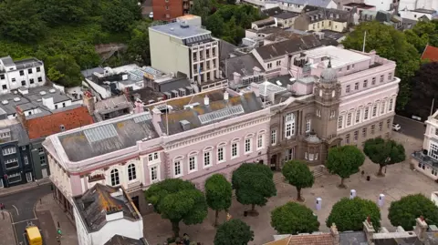 BBC A large pink building from above, with trees at the front and other buildings behind it 