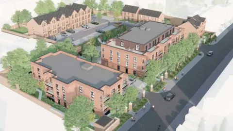 A visualisation of the proposed homes, shows a variety of building types, some as apartments others as terraced townhouses. Trees are shown around the development and, in the foreground there is a road with a number of cars and pedestrians on it