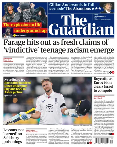 "Farage hits out as fresh claims of 'vindictive' teenage racism emerge" reads the headline on the front page of the Guardian.