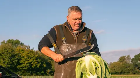 Jim Hooper Jim Hooper holding a cauliflower and a large knife in his overalls in a field