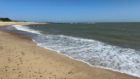 Waves lap on a golden sandy beach which has a few stones scattered across it. The water is calm and the sky is blue. In the distance you can see some red buoys.