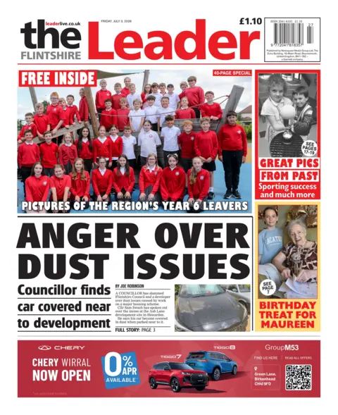 Flintshire Leader Flintshire Leader front page. Main headline reads: Anger over dust issues. Council finds car covered near to development. 