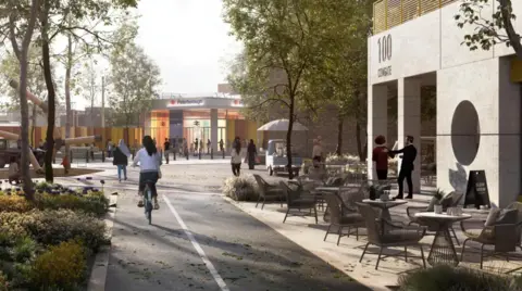 Peterborough City Council Artist impression of the train station - with a cycle and walking path, a person cycling toward the station and a cafe with outdoor seating on the right.